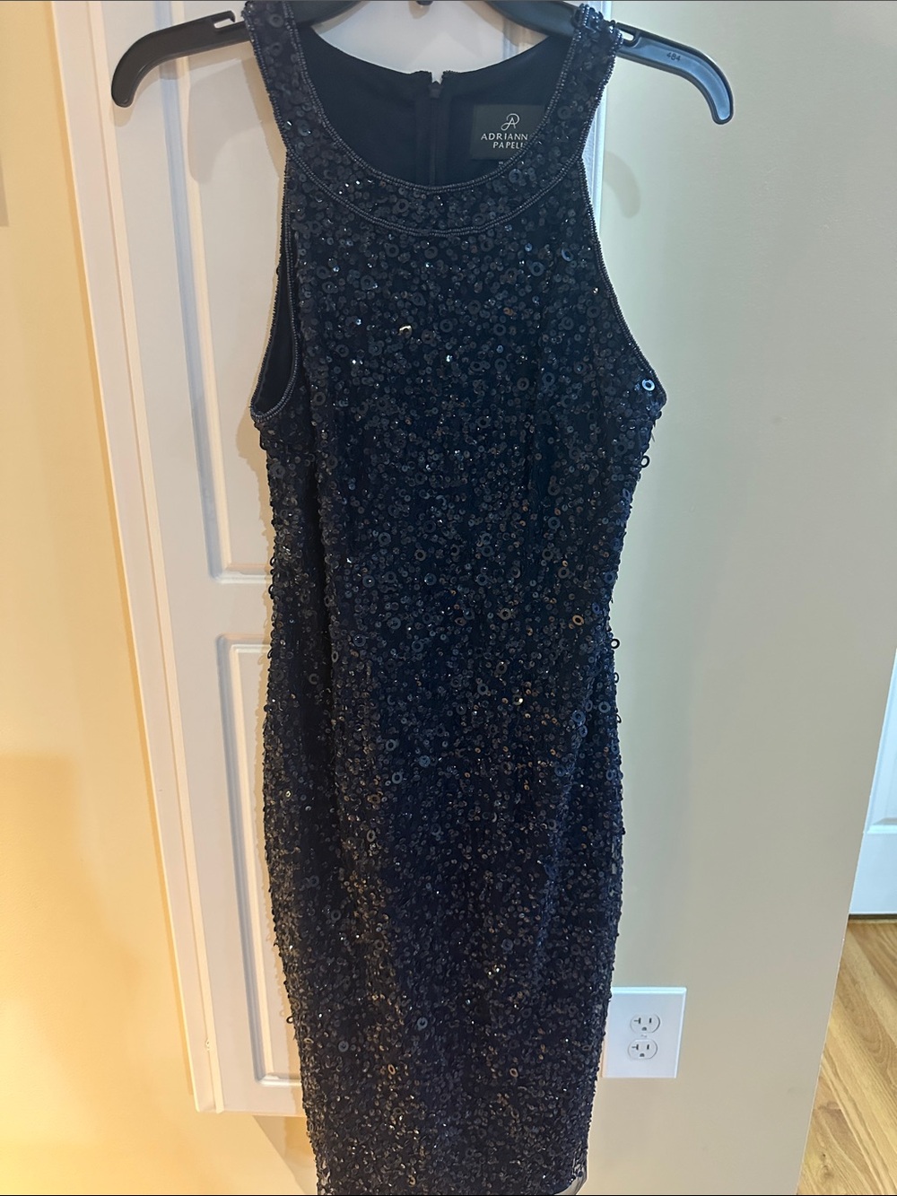 Adrianna Papell Navy Sequin Sheath Dress with Beaded Neckline